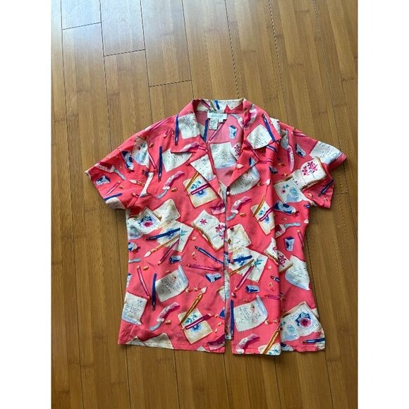 Lord & Taylor Vintage Salmon Pink Writer Artist Print Silk Blouse - Women's 10 M - Picture 1 of 5